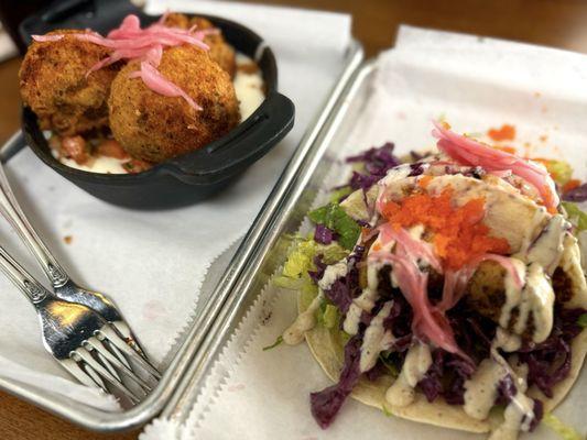 Boudin balls in a cream sauce and the scallop taco.