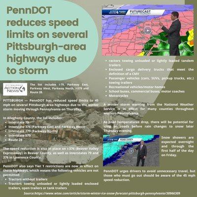 PennDOT reduces speed limits on several Pittsburgh-area highways due to storm