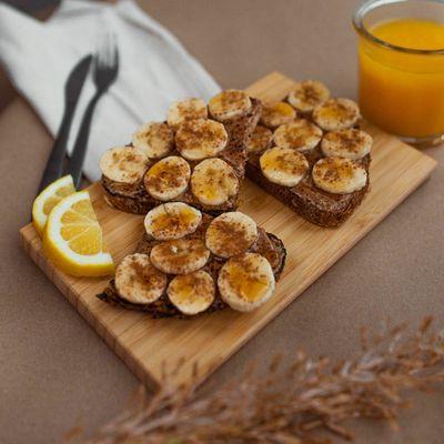 Almond butter, banana, honey, and cinnamon on multigrain toast, our Ocean Beach Toast