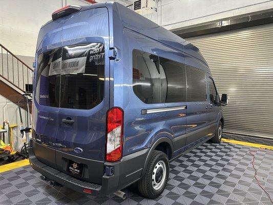 Ford Transit Cargo Van tinted all around + sunstrip with our Nano-Ceramic (5% all windows back and 20% fronts)