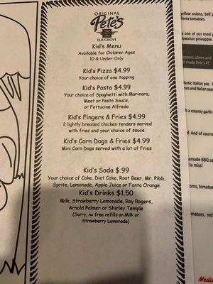 Kids menu