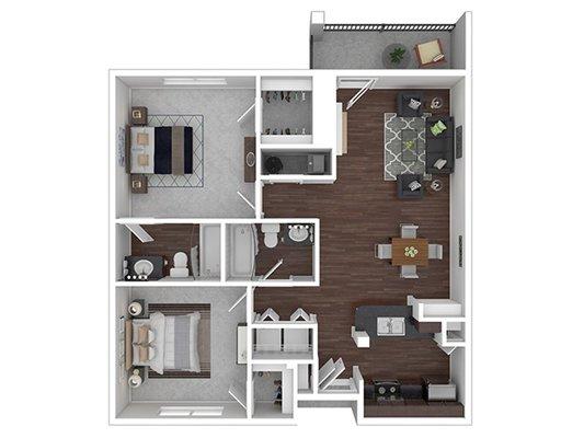 2 Bedroom 2 Bath A, 939 sq. ft.