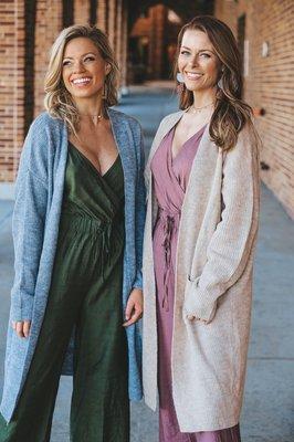 Linen jumpsuits and white/ gray cardigan dusters