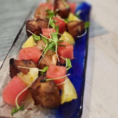 So good! *Crispy Smoked Pork Belly, Watermelon, Heirloom Tomato, Microgreens, Nuoc Mam