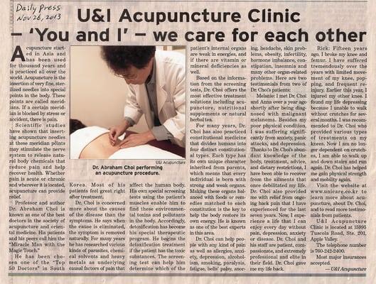 U&I Acupuncture Clinic was introduced to the DAILY PRESS. 
 
 DAILY PRESS Nov, 2013