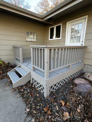 A deck restoration, finished with a solid color stain by our crew this Fall.