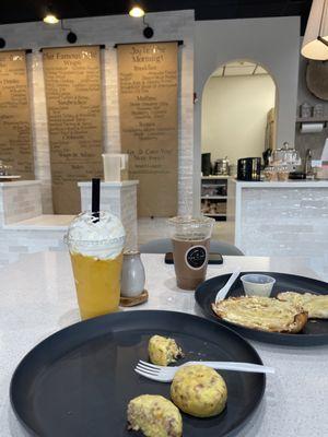 Egg bites, croissants, mango smoothie, iced mocha