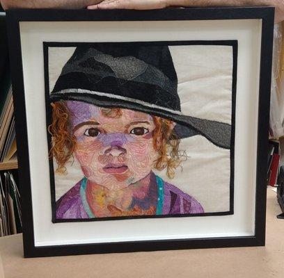 Adorable Quilted piece in a small shadowbox with museum glass