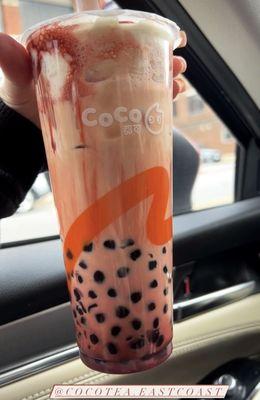 Strawberry chocolate milk tea with tapioca pearls