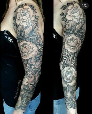 Floral Full Sleeve, for unique custom tattoo designs like this please visit us at https://www.timelesstattoonc.com/