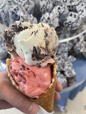 Double waffle cone. Traverse City Cherry / Mackinac Island Fudge