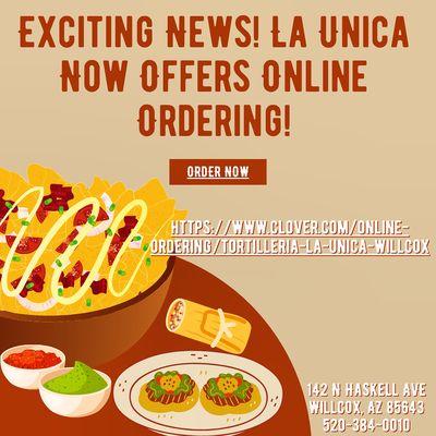 Online ordering now available! https://www.clover.com/online-ordering/tortilleria-la-unica-willcox