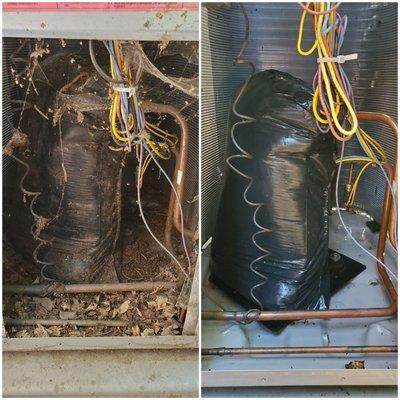 Air conditioner condenser cleaning. Before and after, maintaining your equipment cleaned is key for higher efficiency and comfort.