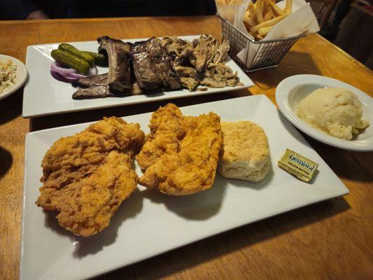 Southern Fried Chicken with a biscuit and mashed potatoes