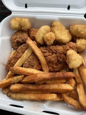 Brown meal lol. Cheese curds, Cajun fries and chicken tendies