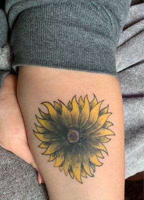 "Sun Flower Heart" Tattoo by Josh @ Mackinaw Tattoo  No Filter. Natural Lighting Used for this Picture.