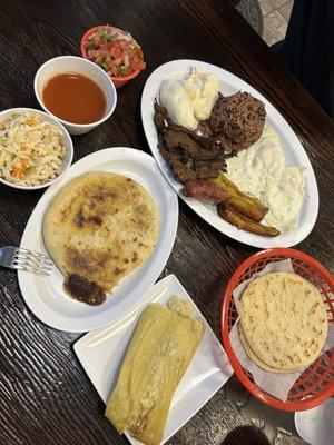 Típico la tuna plate, pupusa revuelta, and tamal de elote