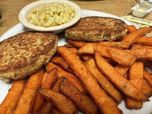 Salmon patties with sweet potato fries and corn.  So good.  One of my favorites here if you can get it as they often sell out.