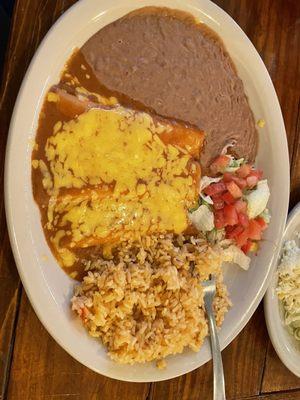 Cheese enchiladas with rice and beans