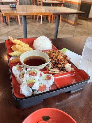 Bento (Choice of 3) with teriyaki chicken, mixed tempura and spicy tuna roll.