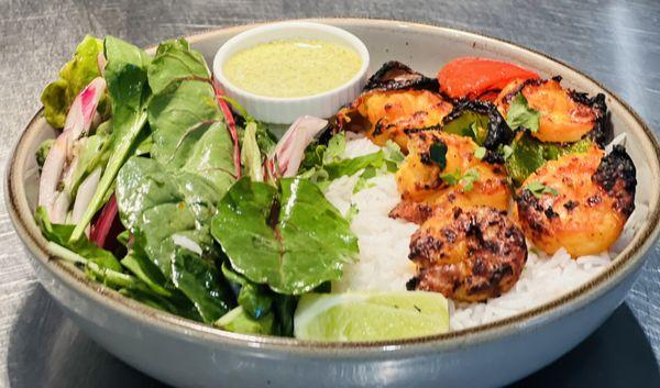 Grilled Shrimp lunch special bowl - Salad, rice and grilled shrimp at Banana leaf Redondo Beach