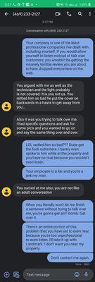 Grossly unprofessional texts from "Charlie" including lies and attempts to blame customer for poor work.