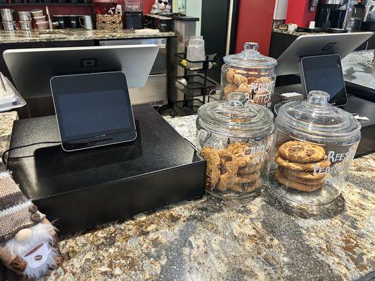 Ordering area with baked goods - full service so they will wait on you too