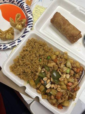 Kung Bo Chicken Combination Plate which included fried rice and pork egg roll. Cream Cheese Rangoon was an Appetizer order.