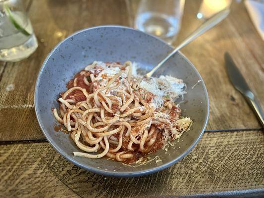 Bucatini with local tomato sugo entree