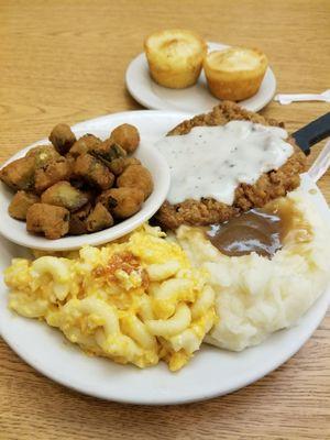 Mac, mash, fried steak, okra and cornbread