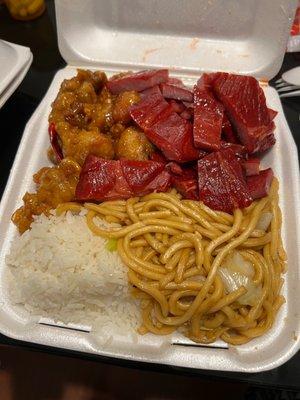 Combo (B) BBQ roast pork, orange chicken, white rice and Chow mein