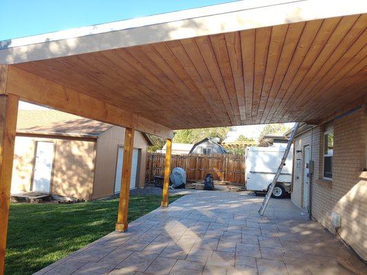 Covered patio with stamped concrete.