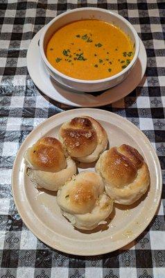 Seafood bisque and garlic knots