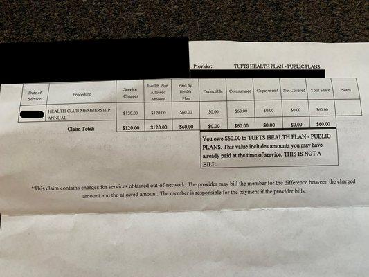 Not sure who that $60 "paid by health plan" went to, but it was definitely not me.