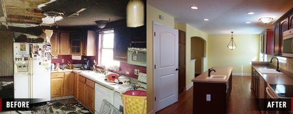 A before and after kitchen remodel from a house fire