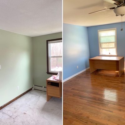 Popcorn ceiling/ carpet removal, hard wood floor install, painting/ trimming.