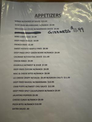 Appetizer menu