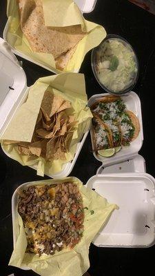 Chic quesadilla, Birria tacos, chic bowl, carne asada fries, chips