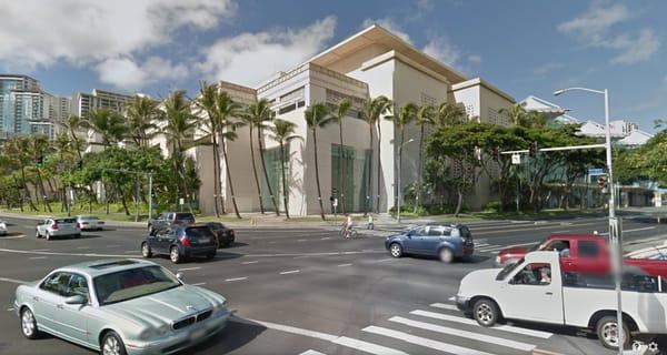 'Kapiolani & Kalakaua' Century Center behind you, Waikiki, at left, Beretania Street, at right, Convention Center in front of you.