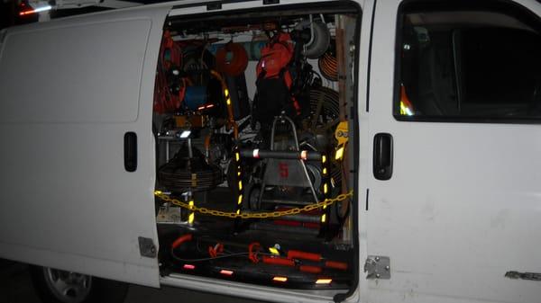 inside one of our work vans. shows some of the equipment that we use on a daily basis