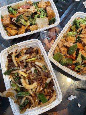 Sha Cha Chicken; tofu + veggies stir fry; Mongolian Beef