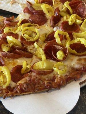 Old world pepperoni and banana pepper pizza!