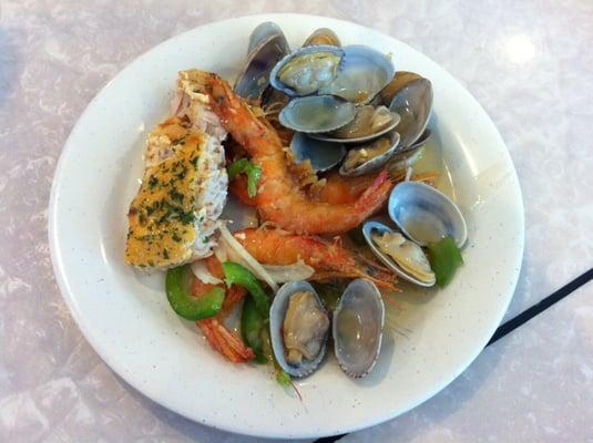 My plate: shrimp, clam and salmon.