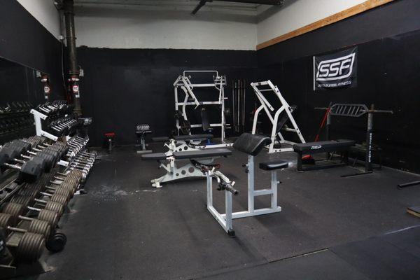 Full dumbbell rack up to 150lbs, isolation machines + preacher curl bench.