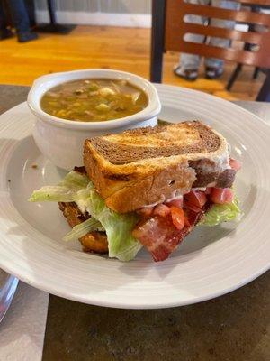 Veg, ham and tortellini soup and BLT on marble rye