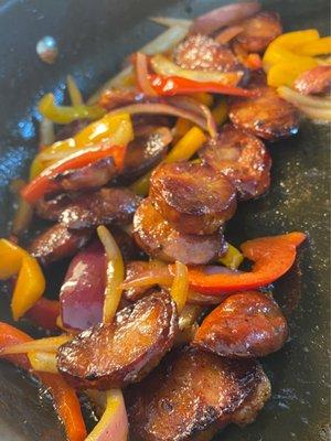 Smoked Linguica  with peppers  & onion  using Fernandes Sausage