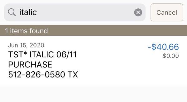 I'm still showing a charge at Italic from the pizza order on 6/11, I have not been refunded after 20+ days.