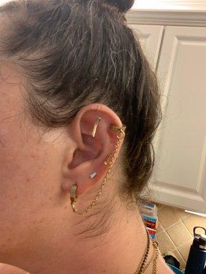 Right ear. All fine jewelry except for chain. Soon to be replaced and this ear is not complete. More piercings to come.