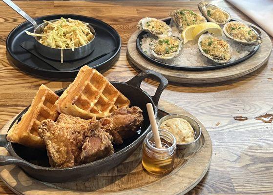 Chicken 'N' Waffles, Gulf Oysters, coleslaw