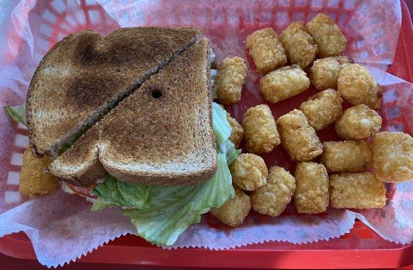 Chicken salad sandwich with tater tots